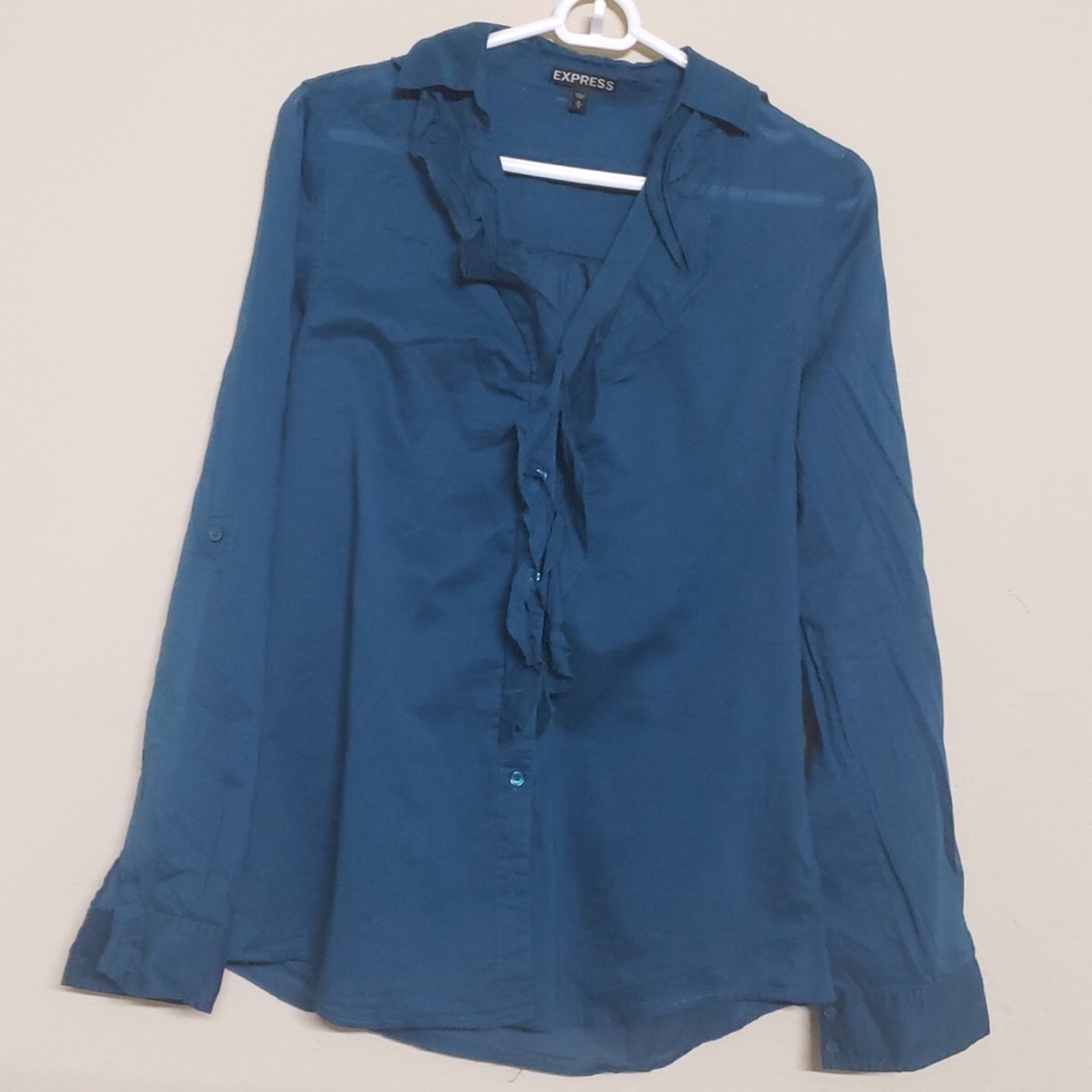 3/$15 Express Blue Ruffled Neck Long Sleeve